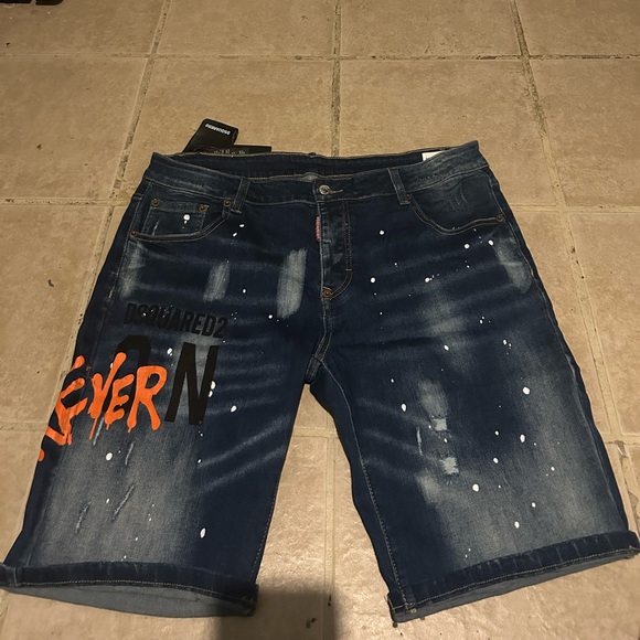 DSQUARED2 Blue and Orange Jean Shorts with Distressed Design